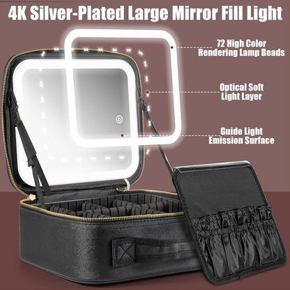 Makeup Travel Train Case with Mirror LED Light 3 Adjustable Brightness Cosmetic Bag Portable Storage Adjustable Partition Waterproof Makeup Brushes Makeup Jewelry Gift for Women (Black-1)
