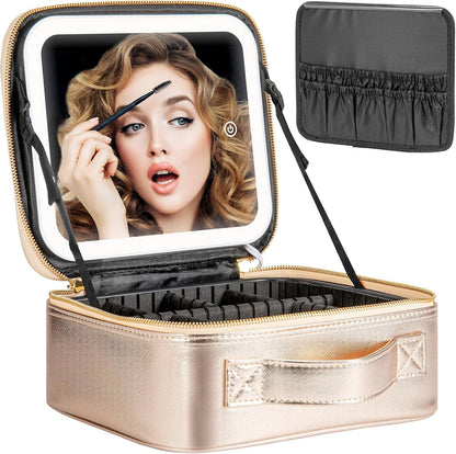Makeup Travel Train Case with Mirror LED Light 3 Adjustable Brightness Large Cosmetic Bag Portable Storage Adjustable Partition Waterproof Makeup Brushes Make up Jewelry Gift for Women