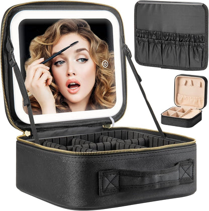 Makeup Travel Train Case with Mirror LED Light 3 Adjustable Brightness Cosmetic Bag Portable Storage Adjustable Partition Waterproof Makeup Brushes Makeup Jewelry Gift for Women (Black-1)