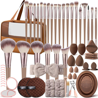 Brown Makeup Brushes Set Professional 63Pcs with Case Premium Synthetic for Foundation Concealer Blush Eyeshadow Powder Contour Makeup Brush Kit Face Eye Make up Brushes & Tools