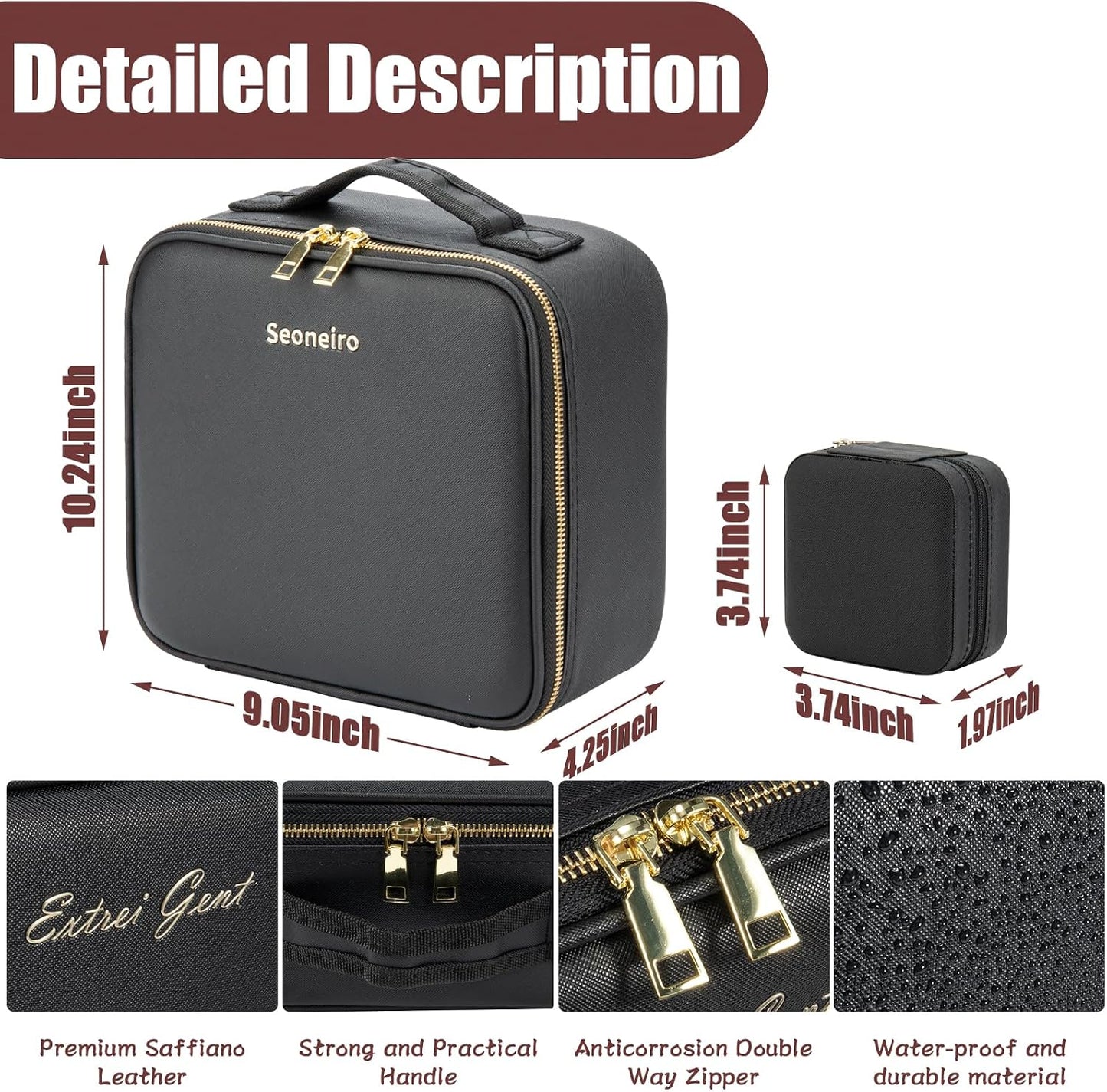 Makeup Travel Train Case with Mirror LED Light 3 Adjustable Brightness Cosmetic Bag Portable Storage Adjustable Partition Waterproof Makeup Brushes Makeup Jewelry Gift for Women (Black-1)