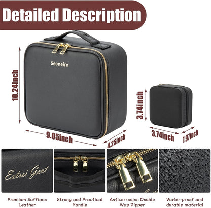 Makeup Travel Train Case with Mirror LED Light 3 Adjustable Brightness Cosmetic Bag Portable Storage Adjustable Partition Waterproof Makeup Brushes Makeup Jewelry Gift for Women (Black-1)
